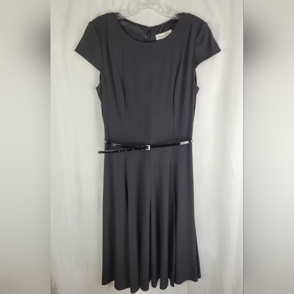 Laura Jeffries Womens Black Belted Cap Sleeve Zip Back Fit & Flare Dress Size 8